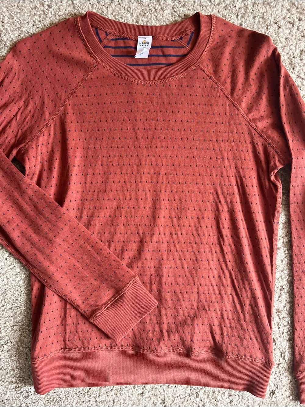 Marine Layer Rust Crewneck Sweater with Subtle Navy Dot
